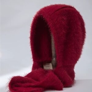 Warm Red Fuzzy Hooded Scarf